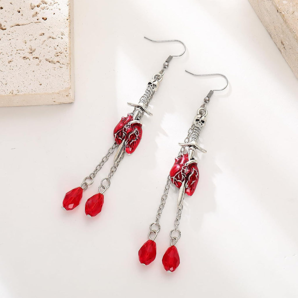Flower Skull Dangle Earrings - Red