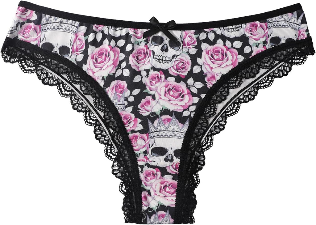OUKAILYN 6-Pack Gothic Thong Panties, Sexy Skull and Rose Print Lace Trim G-String, Mid-Rise Emo Alt Aesthetic Underwear