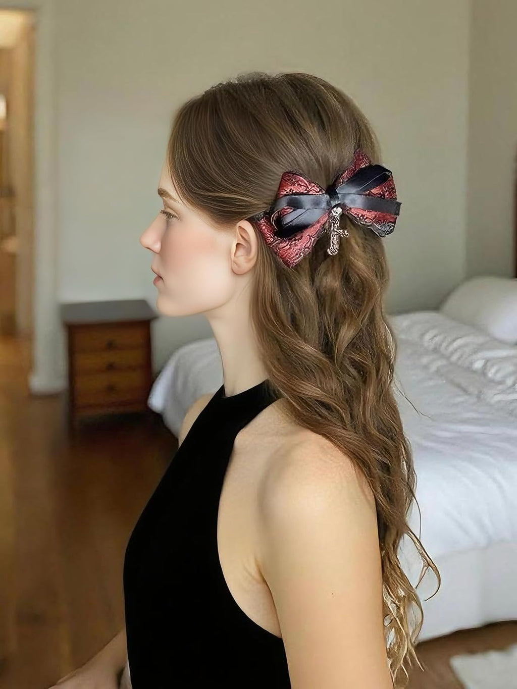 Gothic Black Lace and Red Bow Hair Clips with Cross, 2 Piece
