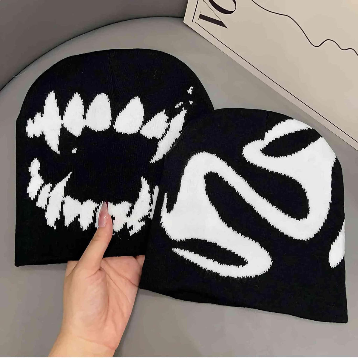 Skull Slouchy Beanie - Black Knit, 2 Pack