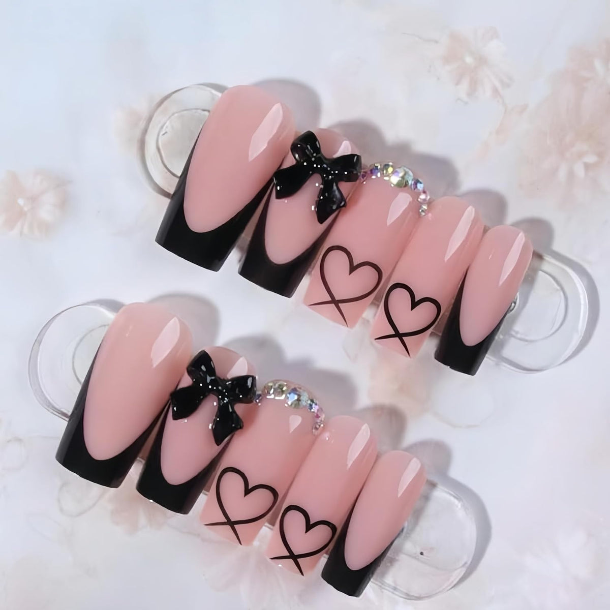 Black French Tip Press-On Nails with Heart and Bow Charms