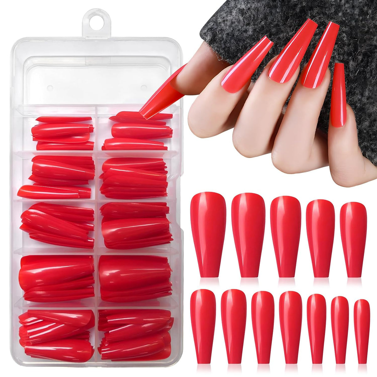 Red Gloss Coffin Press-On Nails - 120 Piece Kit