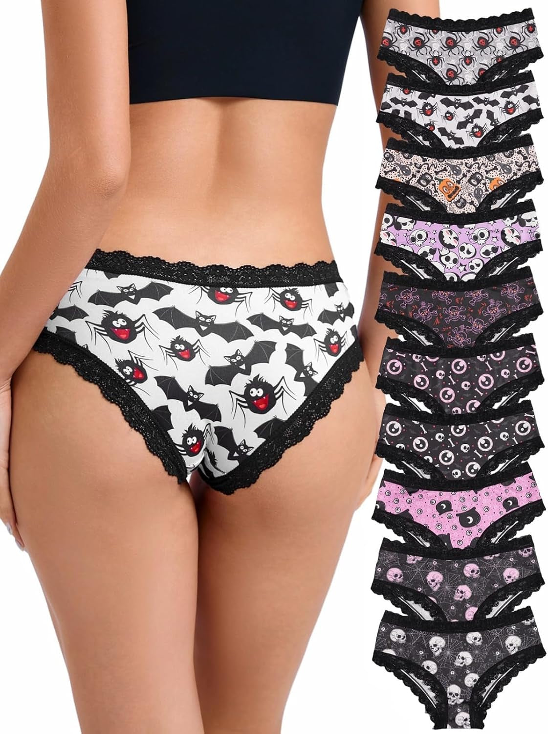 Women'S Gothic Halloween Hipster Panties, Black Lace Trim, 10 Pack Spooky Pattern Collection with Bats, Skulls