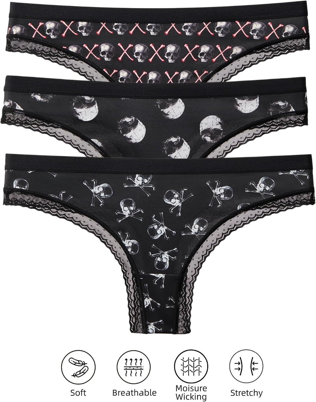 Women'S Gothic Print Low‑Rise Thongs, Multipack Lace Trim Underwear