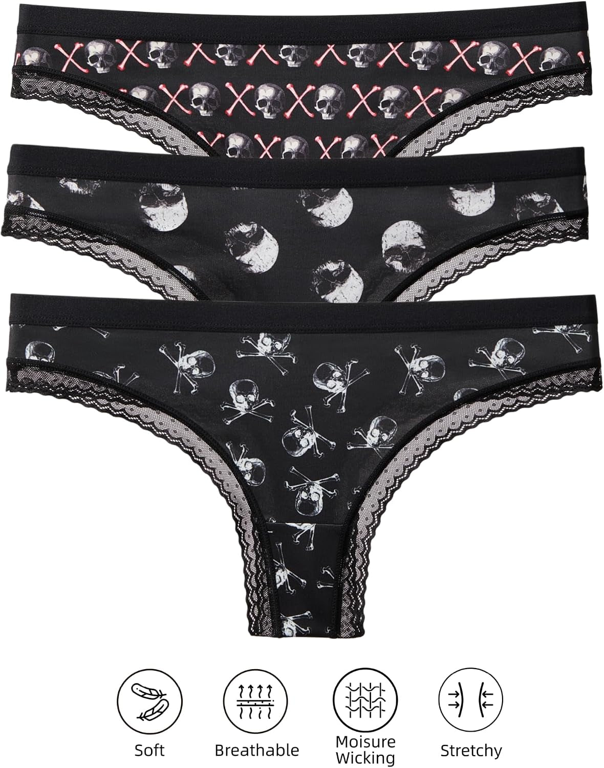 Women'S Gothic Print Low‑Rise Thongs, Multipack Lace Trim Underwear