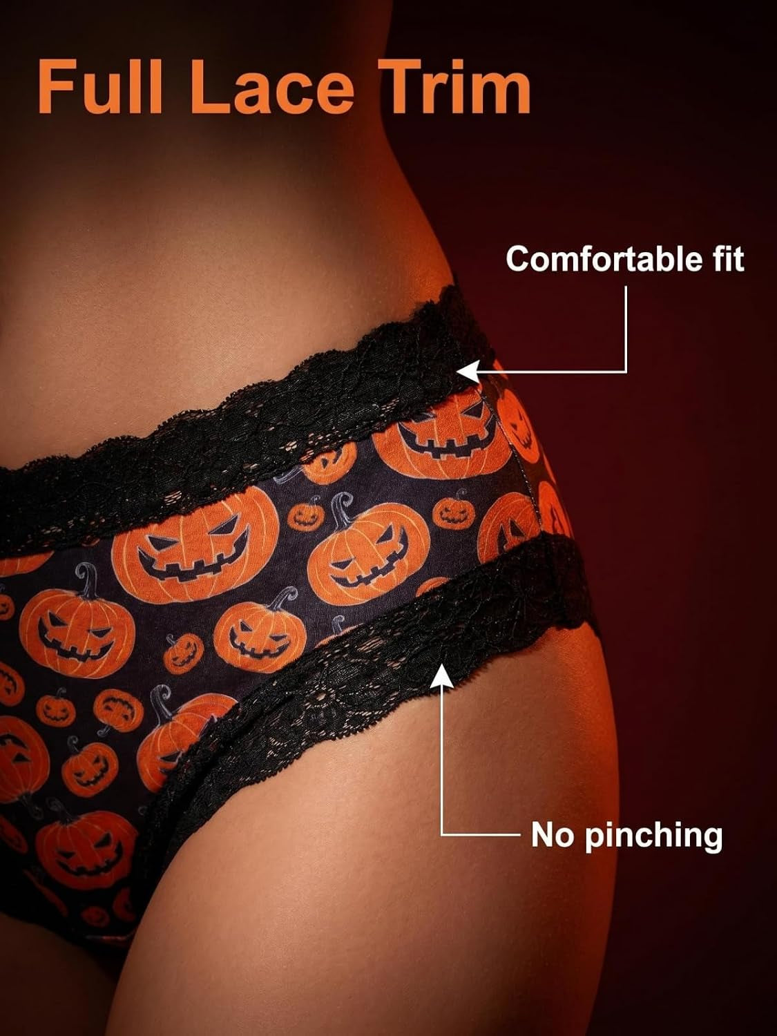 Halloween Printed Lace Trim Bikini Briefs for Women, 5 Pack, Gothic Skull and Pumpkin Panties, Soft Breathable, S-XXL