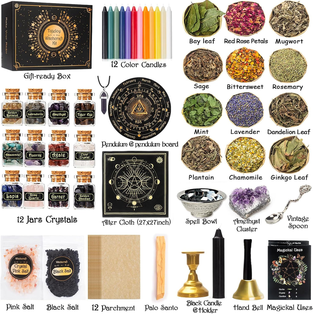 Wiccan Spell Kit with Herbs, Crystals, Candles and Altar Bowl, 60 Pieces