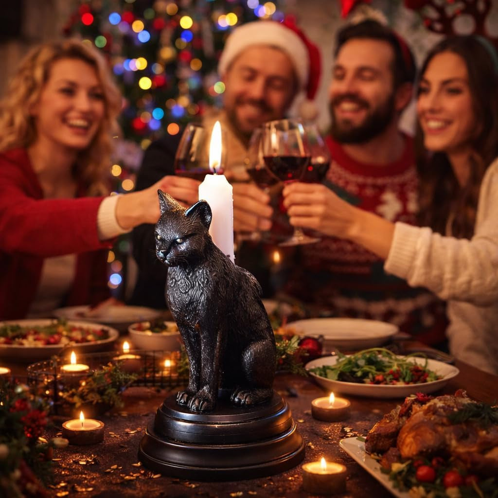 Gothic Black Cat Candle Holder - Resin Statue