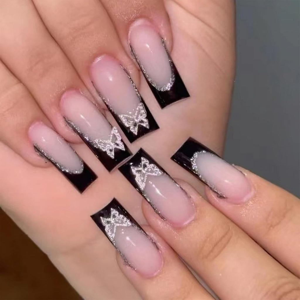 Black French Tip Coffin Press-On Nails with Silver Butterfly Charms