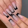 Black French Tip Coffin Press-On Nails with Silver Butterfly Charms