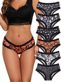 6Pcs Women Underwear Gothic Sexy Halloween Skulls Roses Allover Print Contrast Lace Hipsters Panties