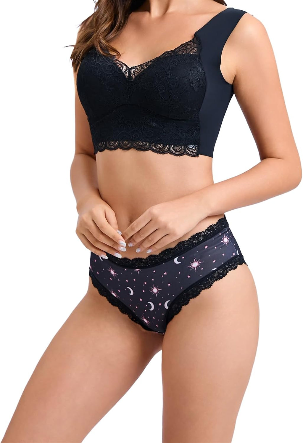 Women'S Celestial Print Hipster Panties Set, Black Lace Trim, 4 Count, Moon and Stars Design