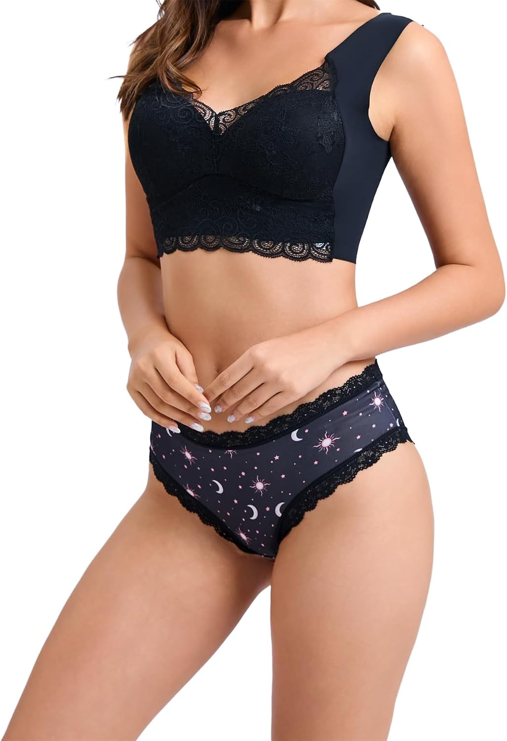 Women'S Celestial Print Hipster Panties Set, Black Lace Trim, 4 Count, Moon and Stars Design