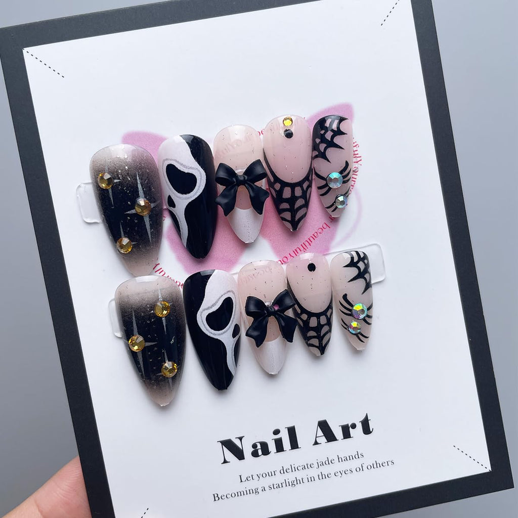 Goth Rhinestone Press-On Nails with Black Bow Charms, Almond