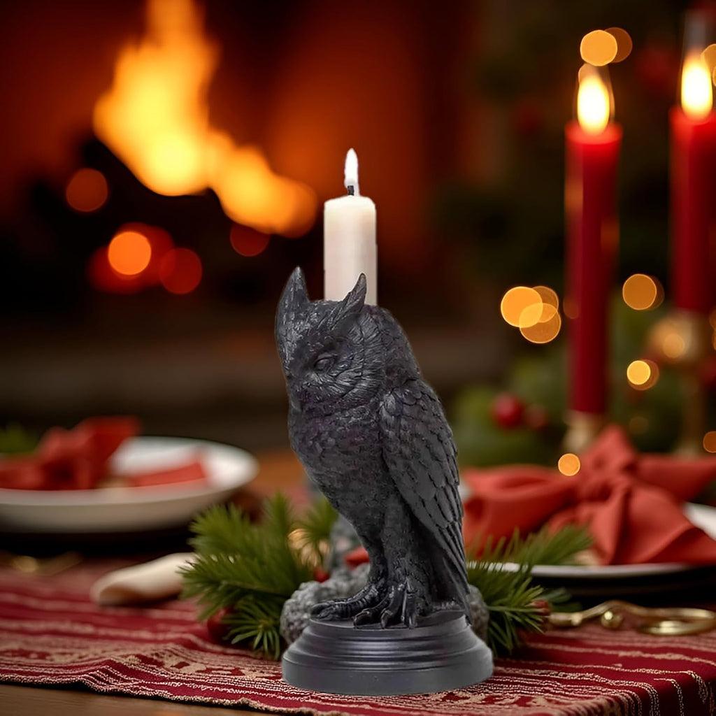 Gothic Black Owl Candle Holder - Resin Statue