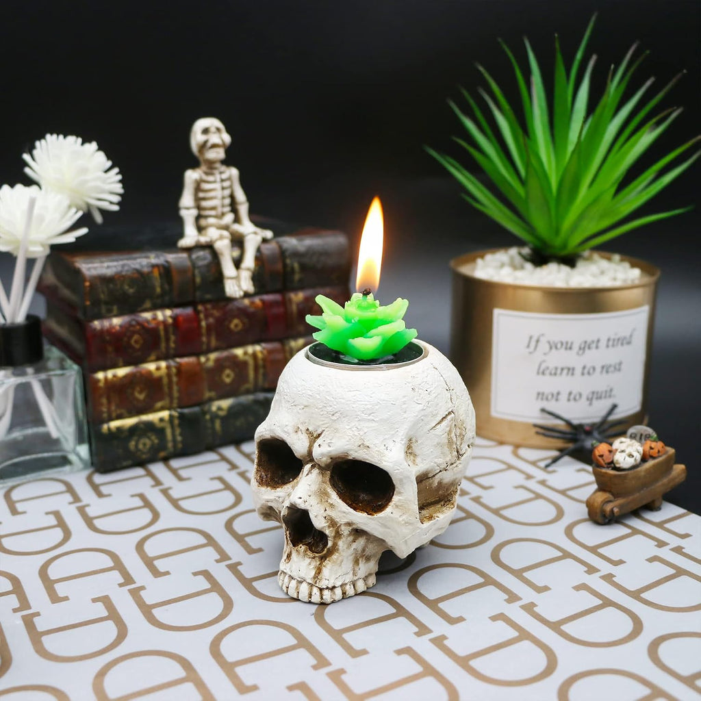 Skull Tealight Candle Holder - Antique White Resin