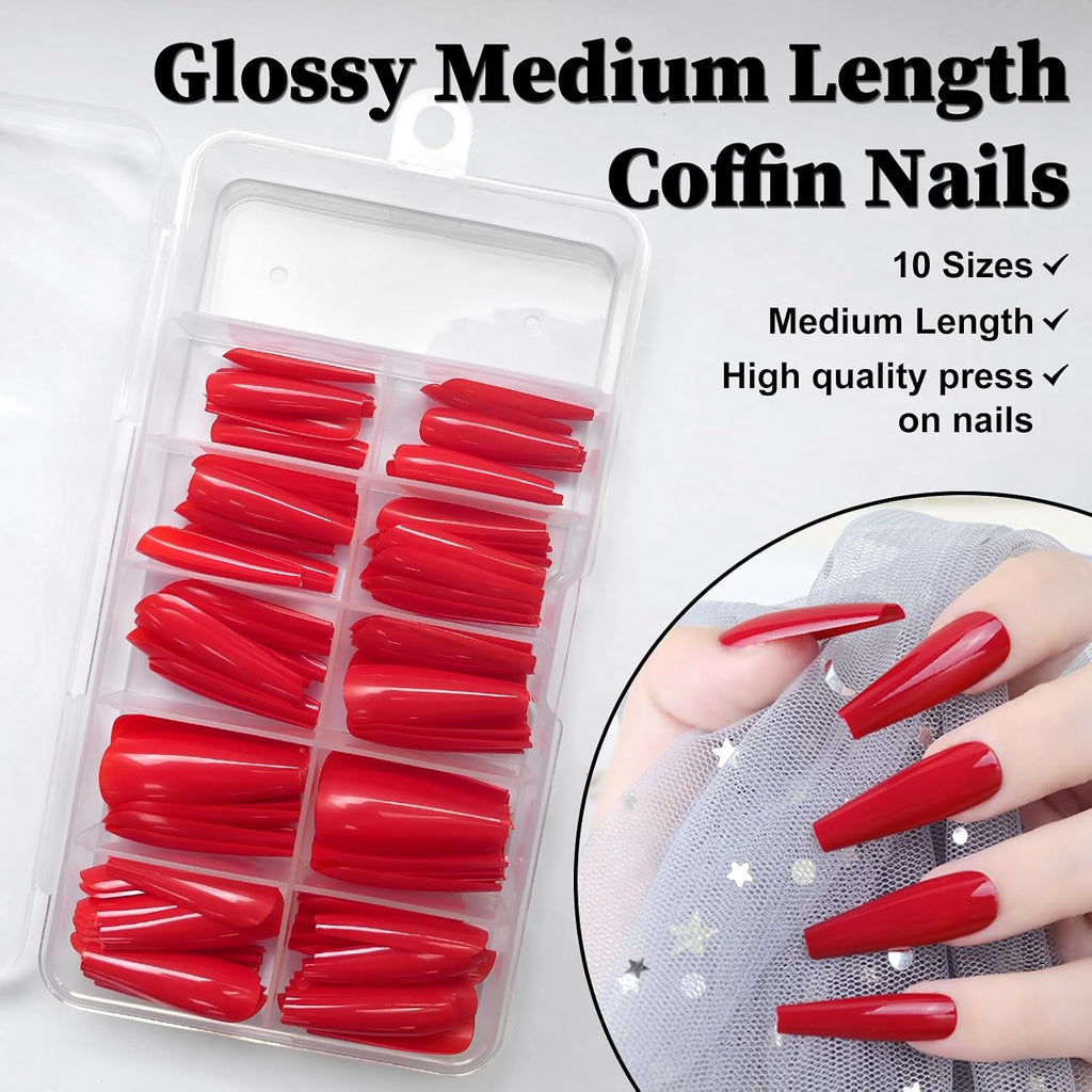 Red Gloss Coffin Press-On Nails - 120 Piece Kit