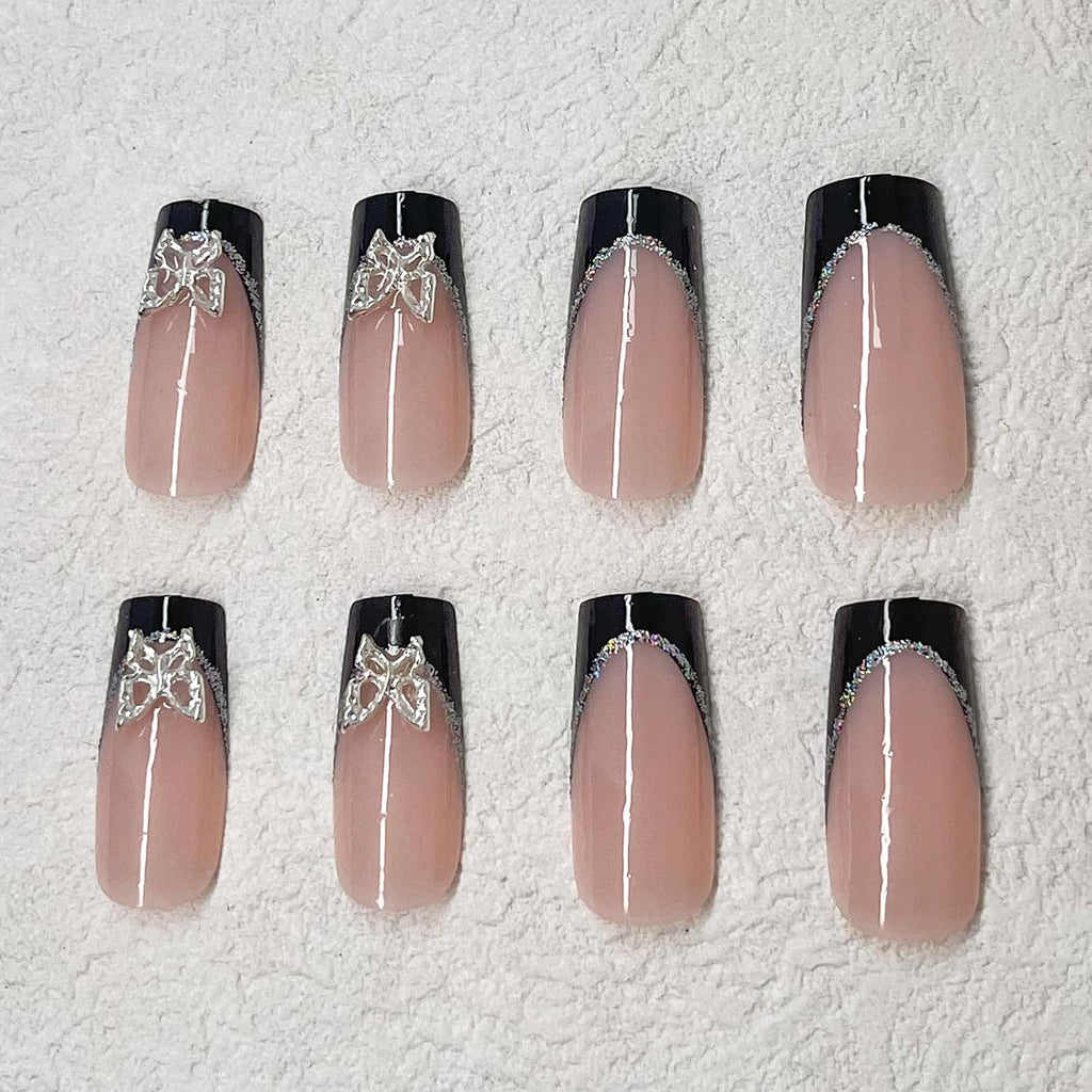 Black French Tip Coffin Press-On Nails with Silver Butterfly Charms