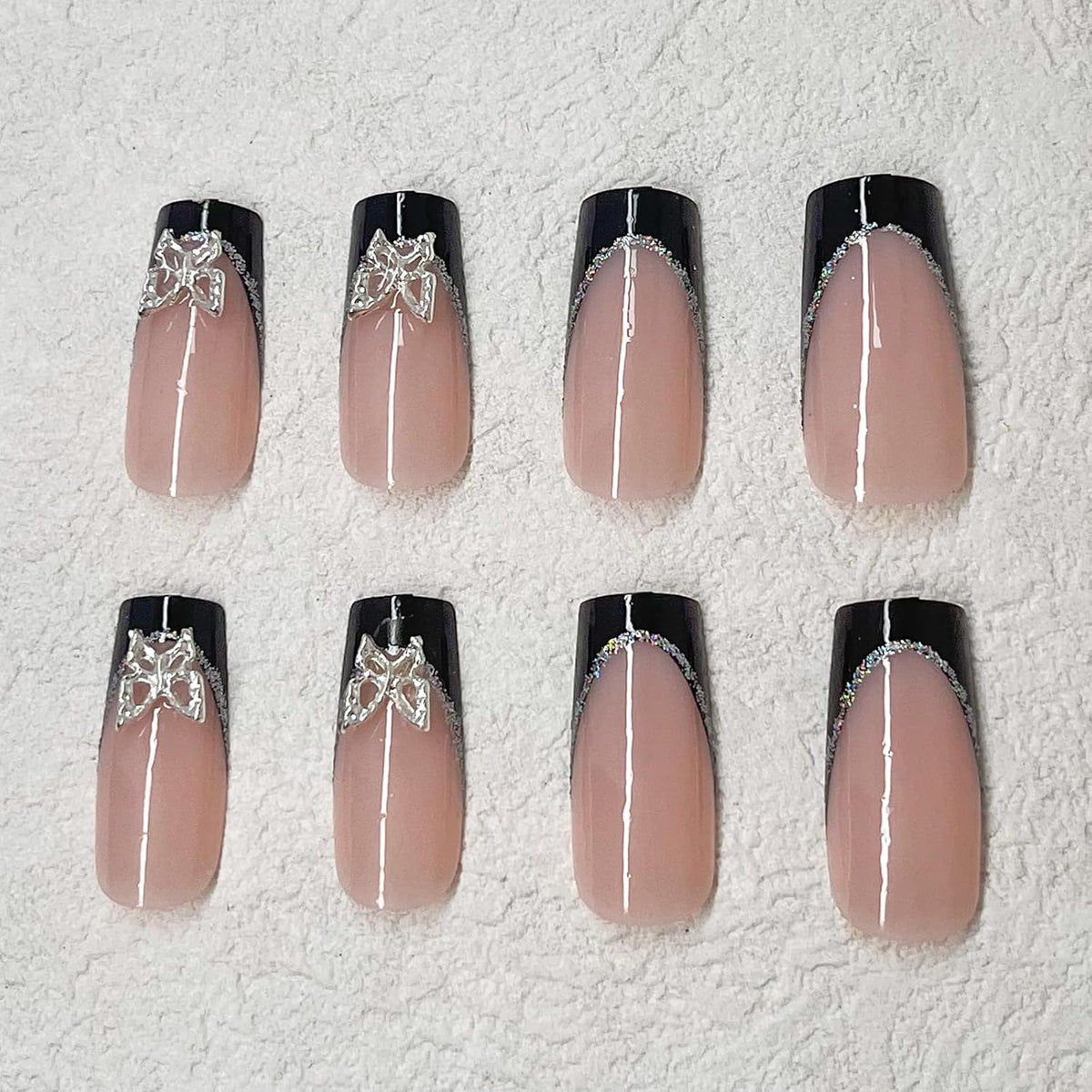 Black French Tip Coffin Press-On Nails with Silver Butterfly Charms