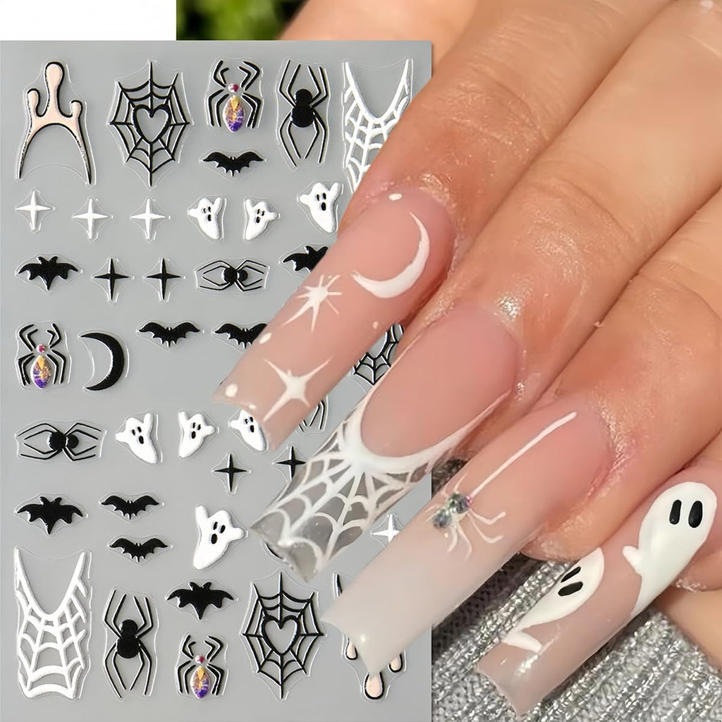 Gothic Spider Web and Bat 3D Nail Stickers, 8 Sheets