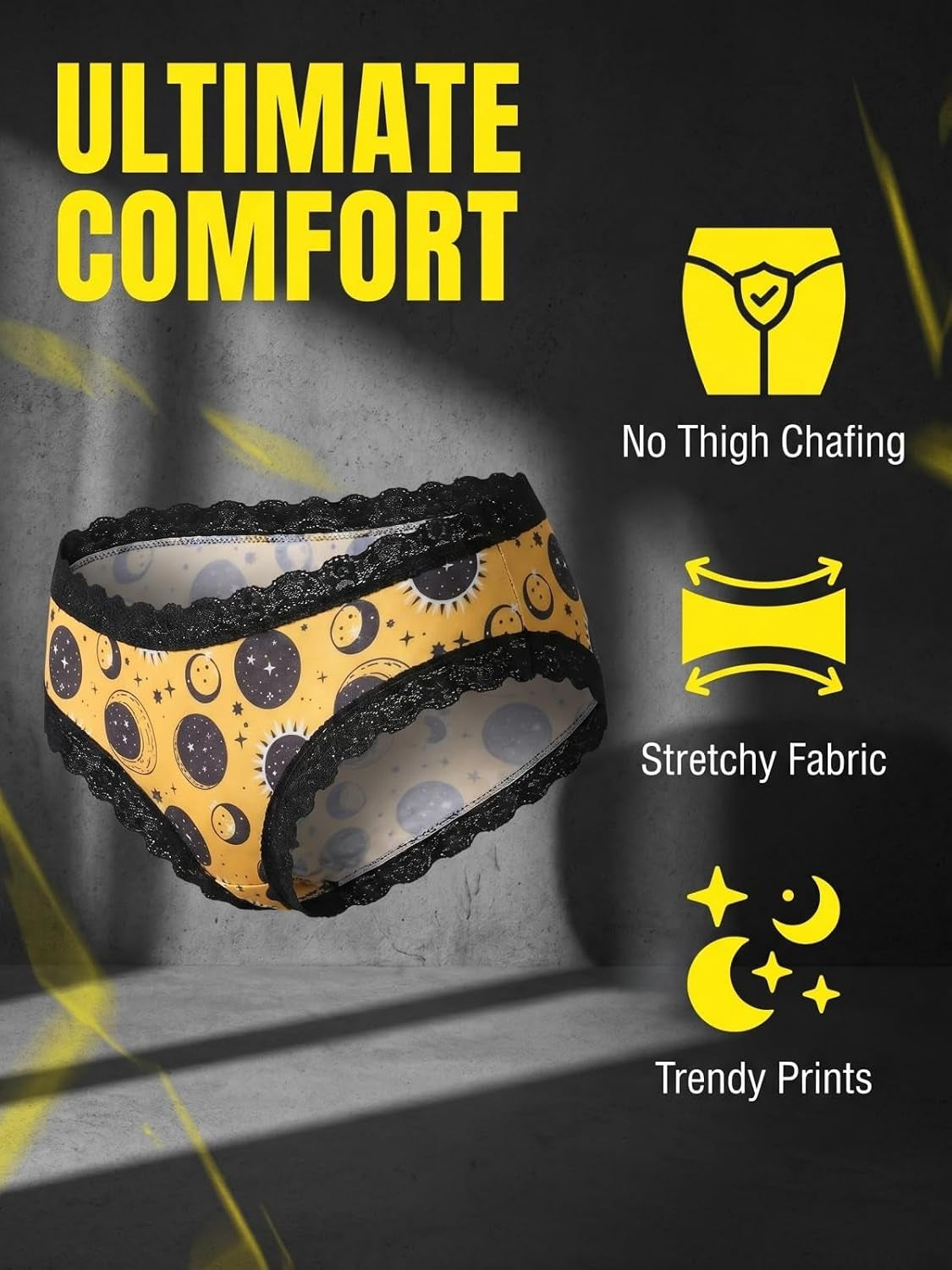 Halloween Briefs for Women, 5 Pack Lace Trim Hipster Underwear, Spooky Prints, Soft Breathable, S-XXL