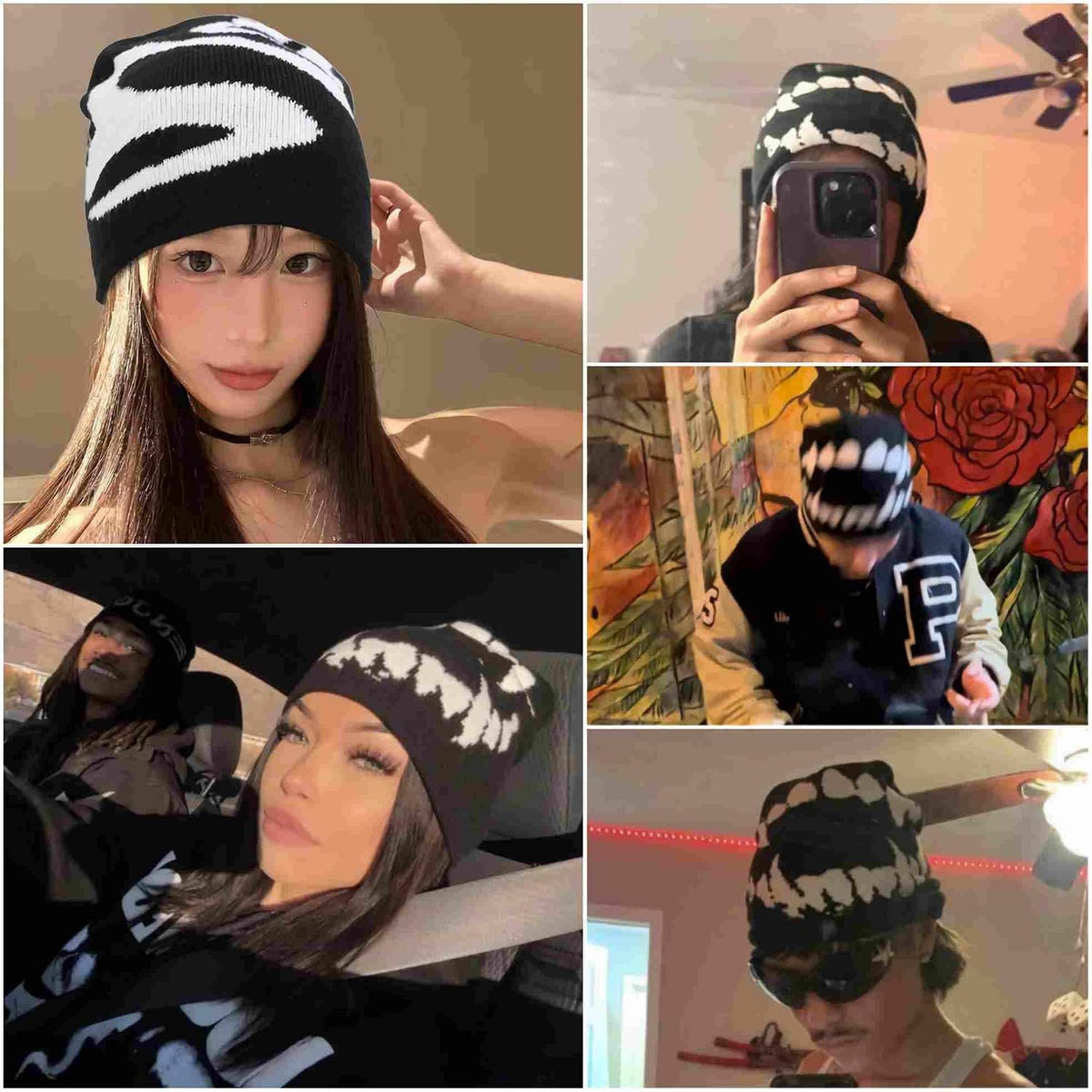 Skull Slouchy Beanie - Black Knit, 2 Pack