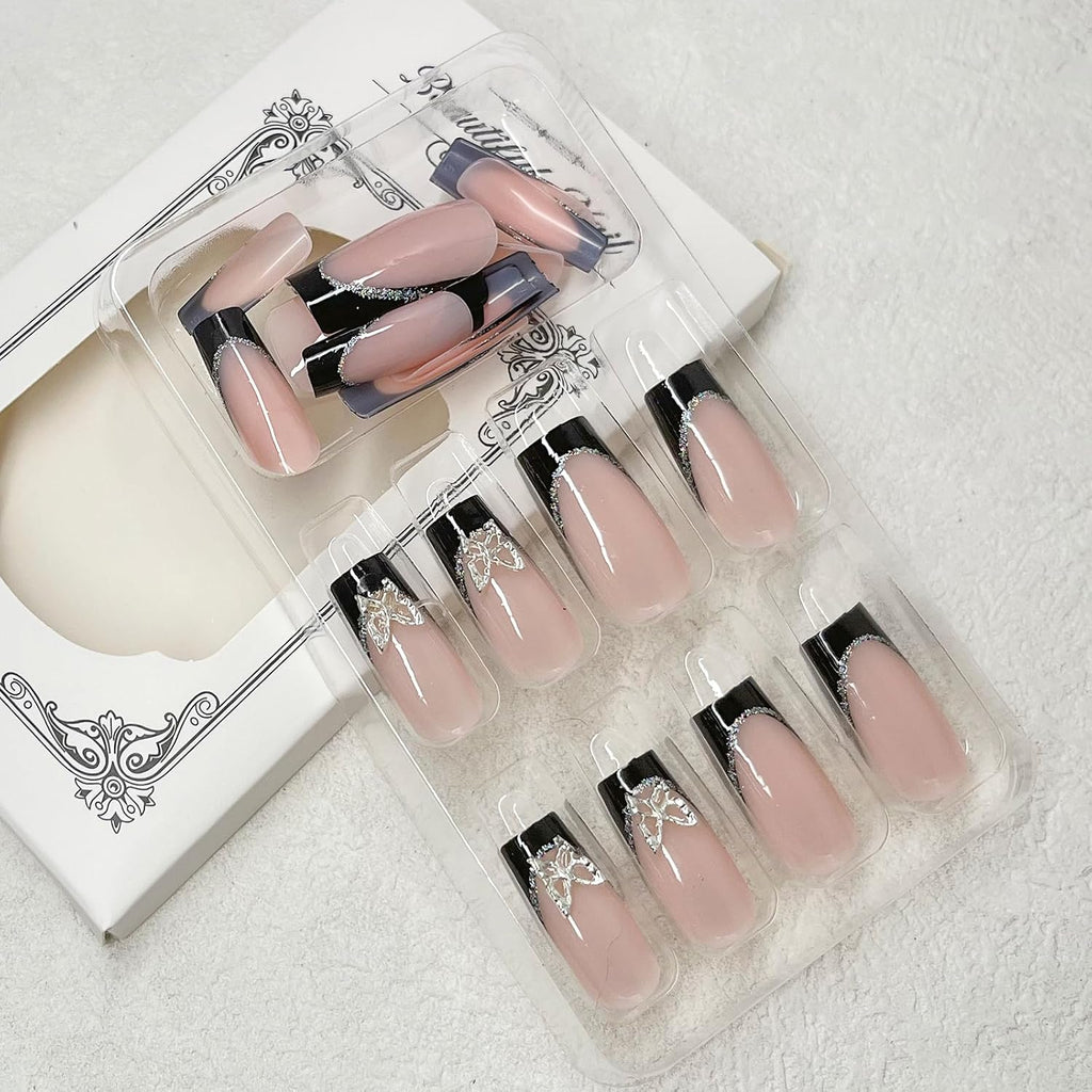 Black French Tip Coffin Press-On Nails with Silver Butterfly Charms