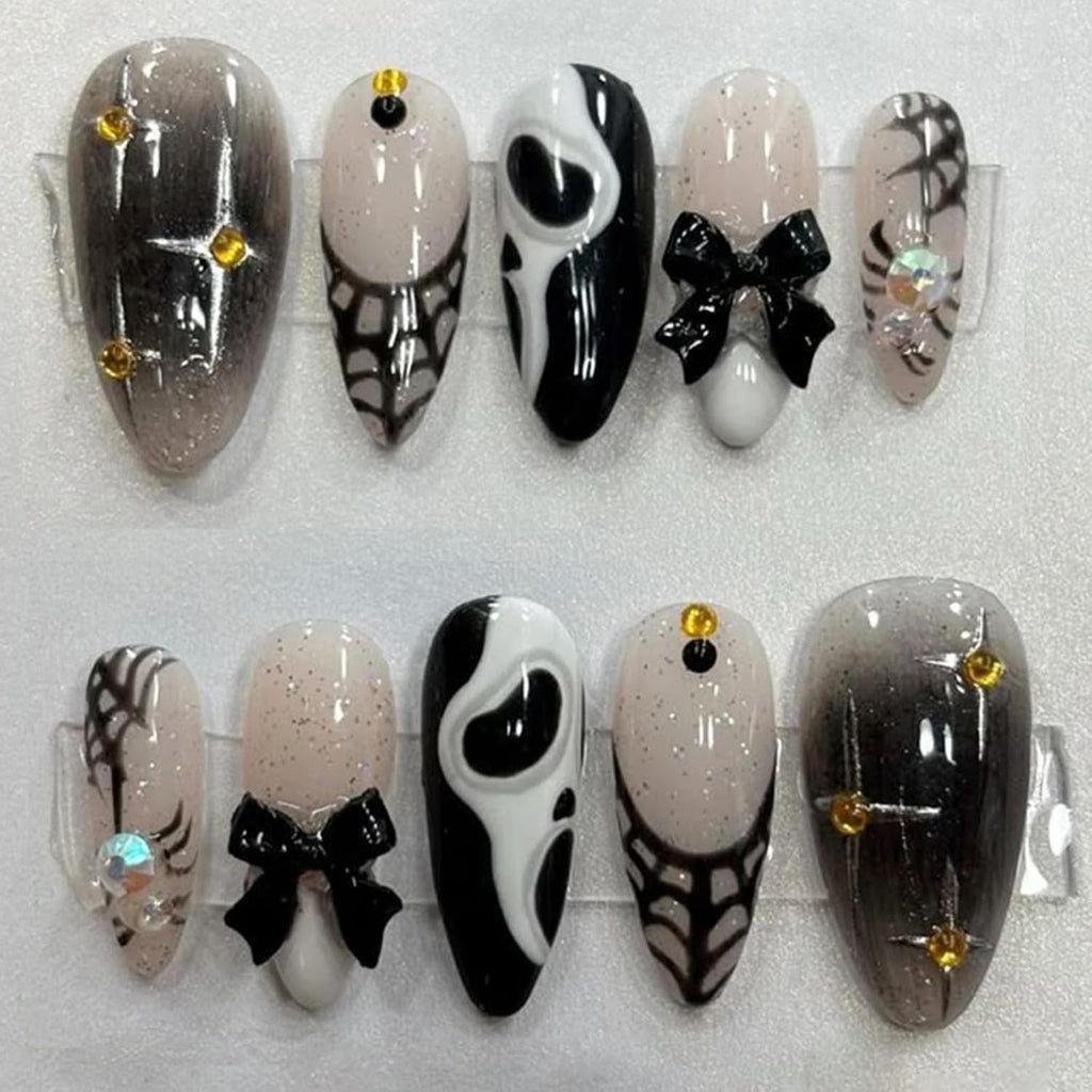 Goth Rhinestone Press-On Nails with Black Bow Charms, Almond