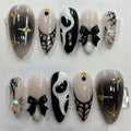 Goth Rhinestone Press-On Nails with Black Bow Charms, Almond
