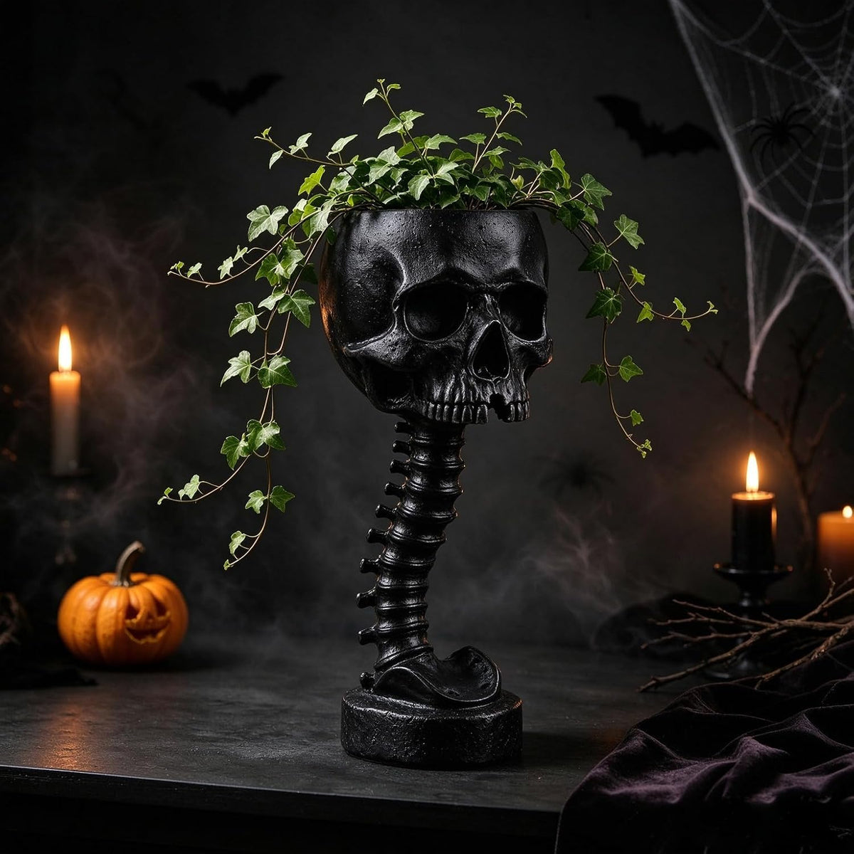 Gothic Skull Planter and Skeleton Vase