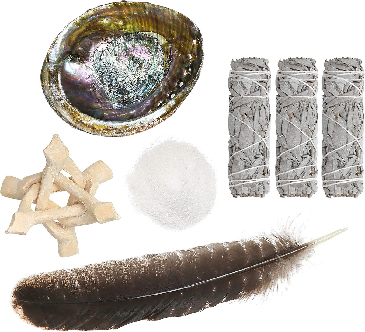 White Sage Smudge Kit with Abalone Shell, Stand and Feather