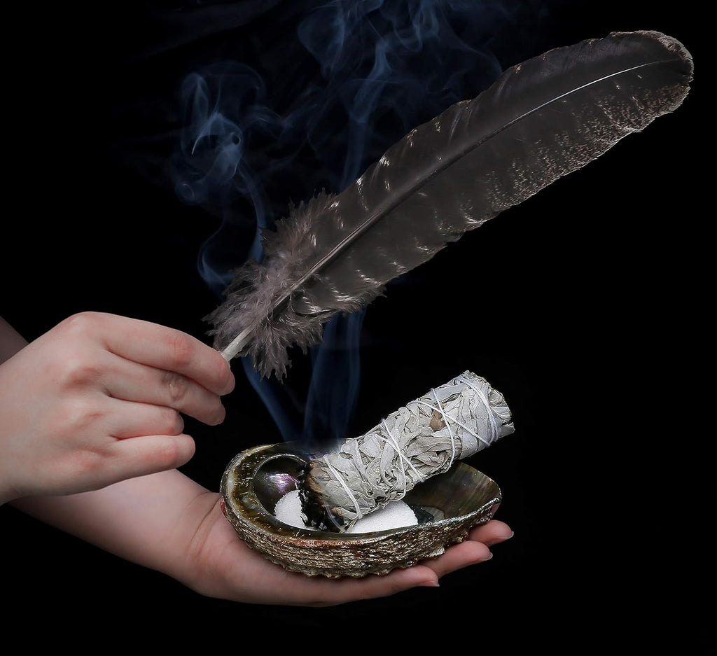 White Sage Smudge Kit with Abalone Shell, Stand and Feather