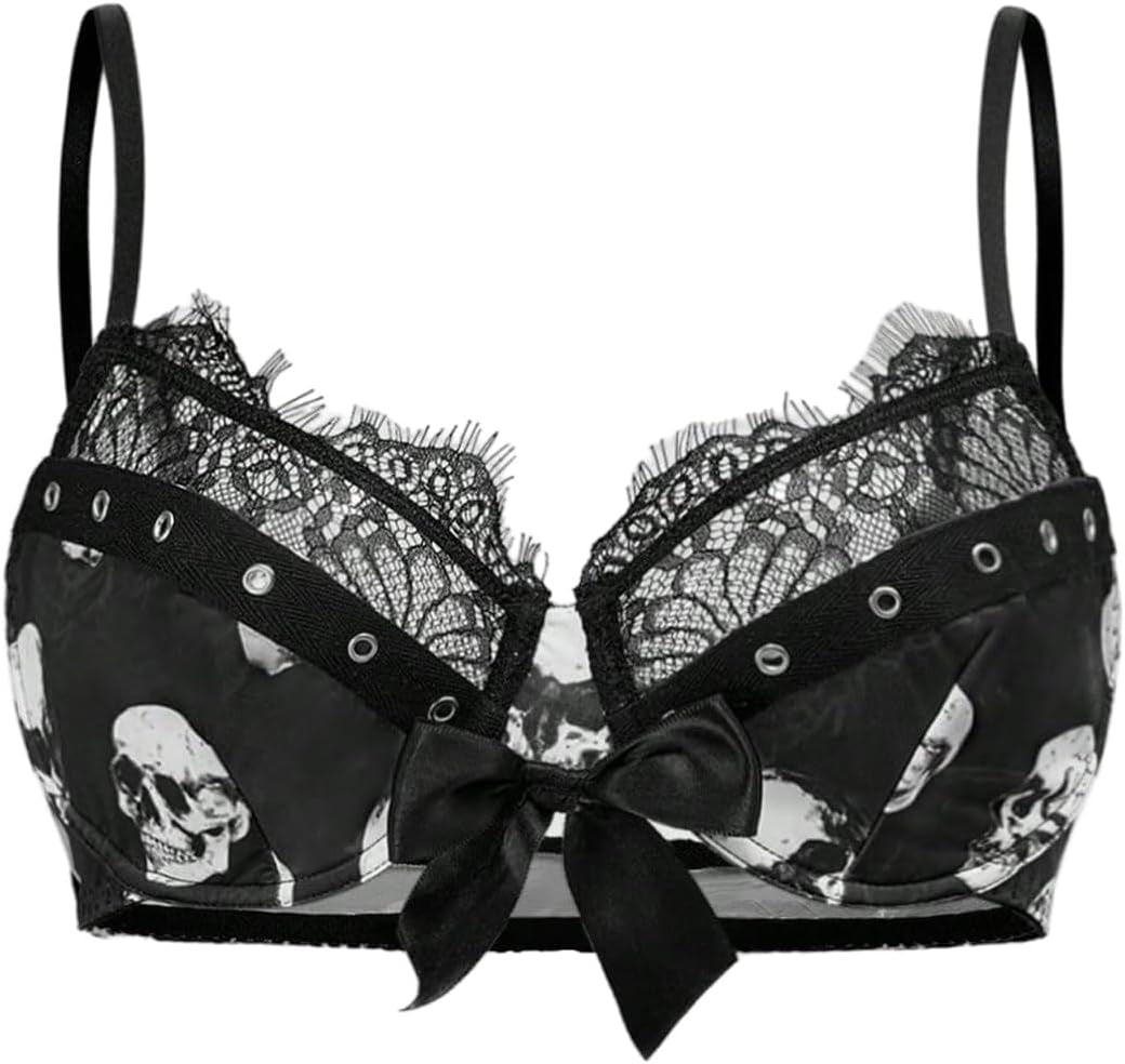 Women'S Goth Punk Skull Print Underwire Bras Lace Push up Bra