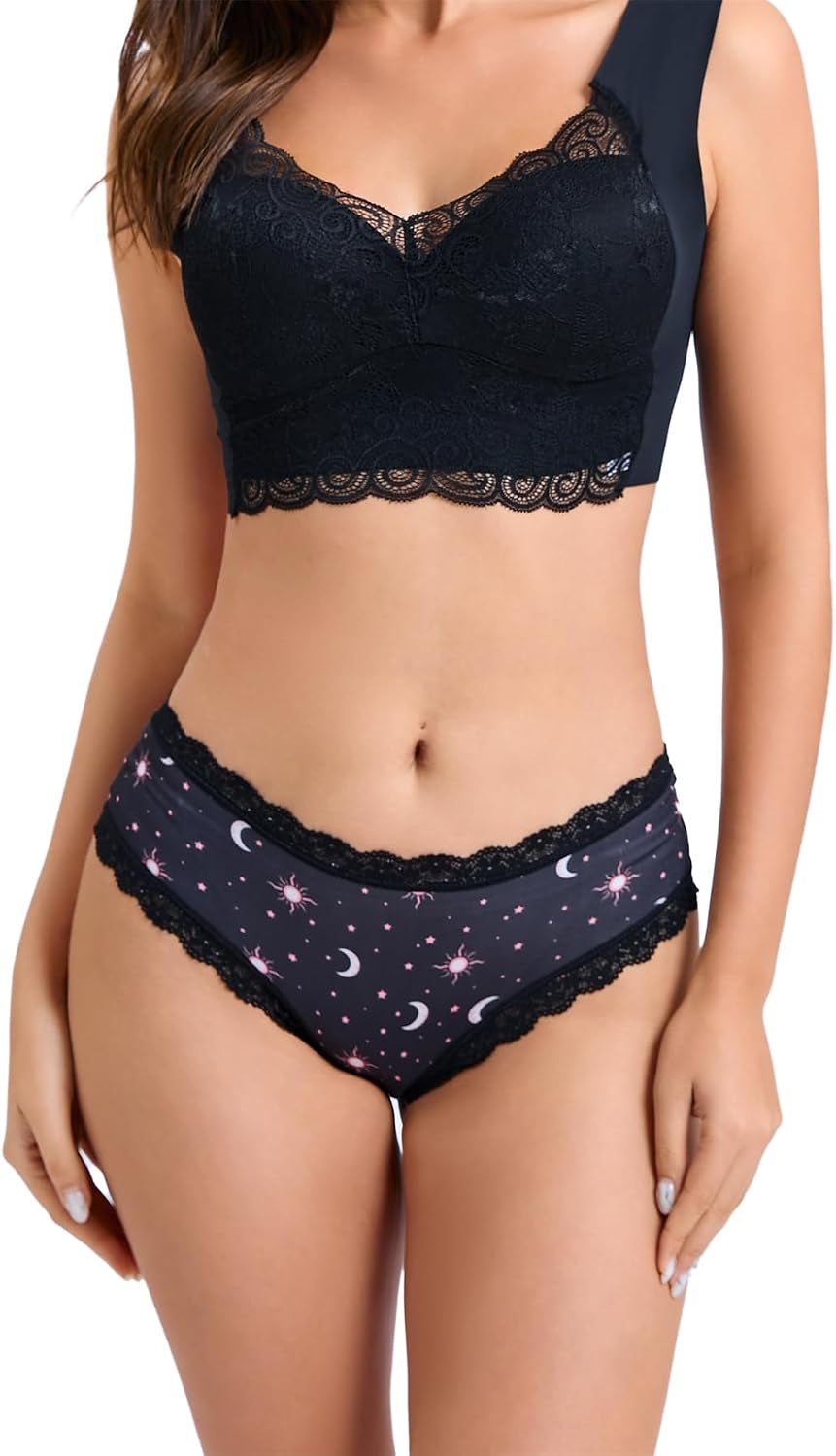 Women'S Celestial Print Hipster Panties Set, Black Lace Trim, 4 Count, Moon and Stars Design
