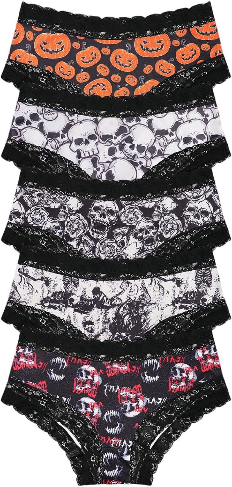 Halloween Printed Lace Trim Bikini Briefs for Women, 5 Pack, Gothic Skull and Pumpkin Panties, Soft Breathable, S-XXL