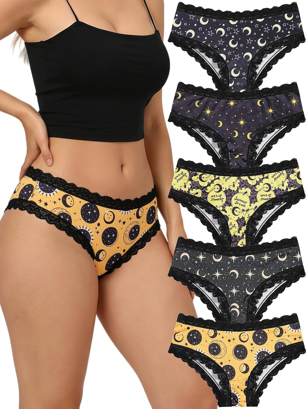 Halloween Briefs for Women, 5 Pack Lace Trim Hipster Underwear, Spooky Prints, Soft Breathable, S-XXL