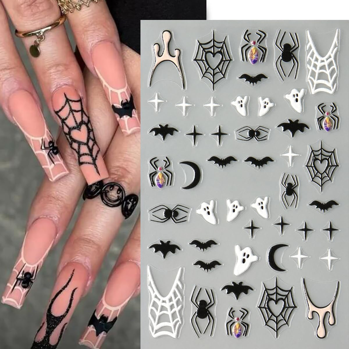 Gothic Spider Web and Bat 3D Nail Stickers, 8 Sheets