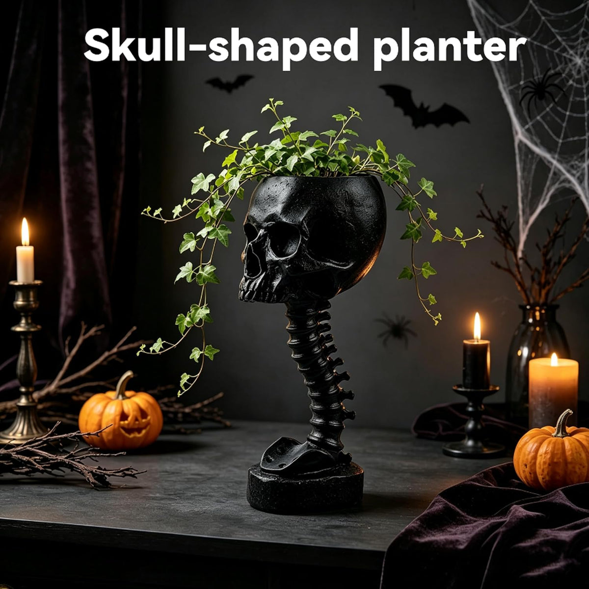Gothic Skull Planter and Skeleton Vase
