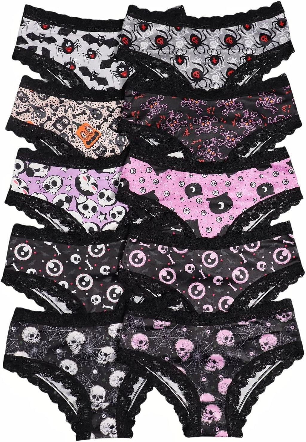 Women'S Gothic Halloween Hipster Panties, Black Lace Trim, 10 Pack Spooky Pattern Collection with Bats, Skulls