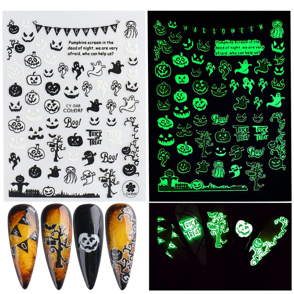 Luminous 3D Skull and Bat Nail Stickers, 6 Sheets