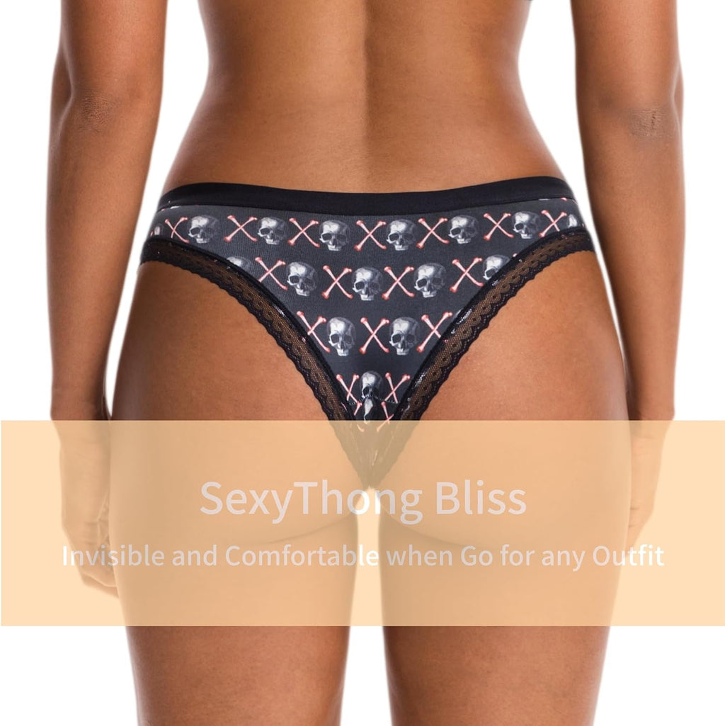 Women'S Gothic Print Low‑Rise Thongs, Multipack Lace Trim Underwear