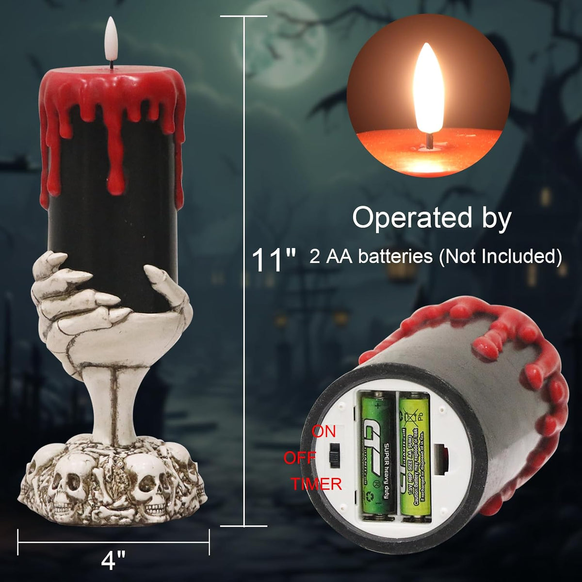 Black Flameless Candle with Skeleton Hand Holder