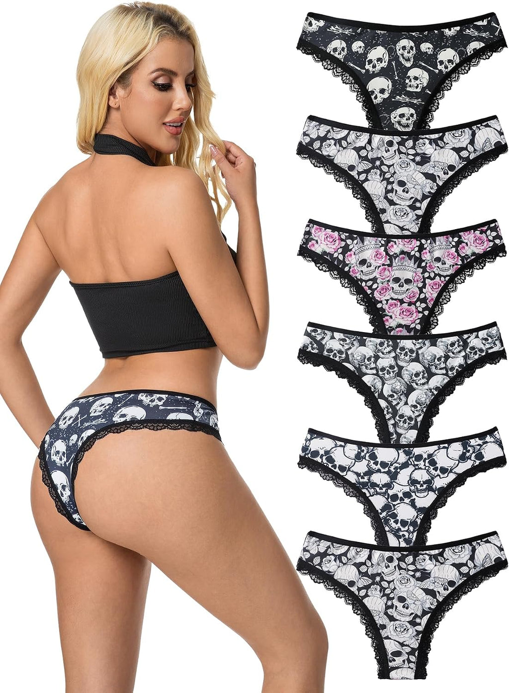 OUKAILYN 6-Pack Gothic Thong Panties, Sexy Skull and Rose Print Lace Trim G-String, Mid-Rise Emo Alt Aesthetic Underwear