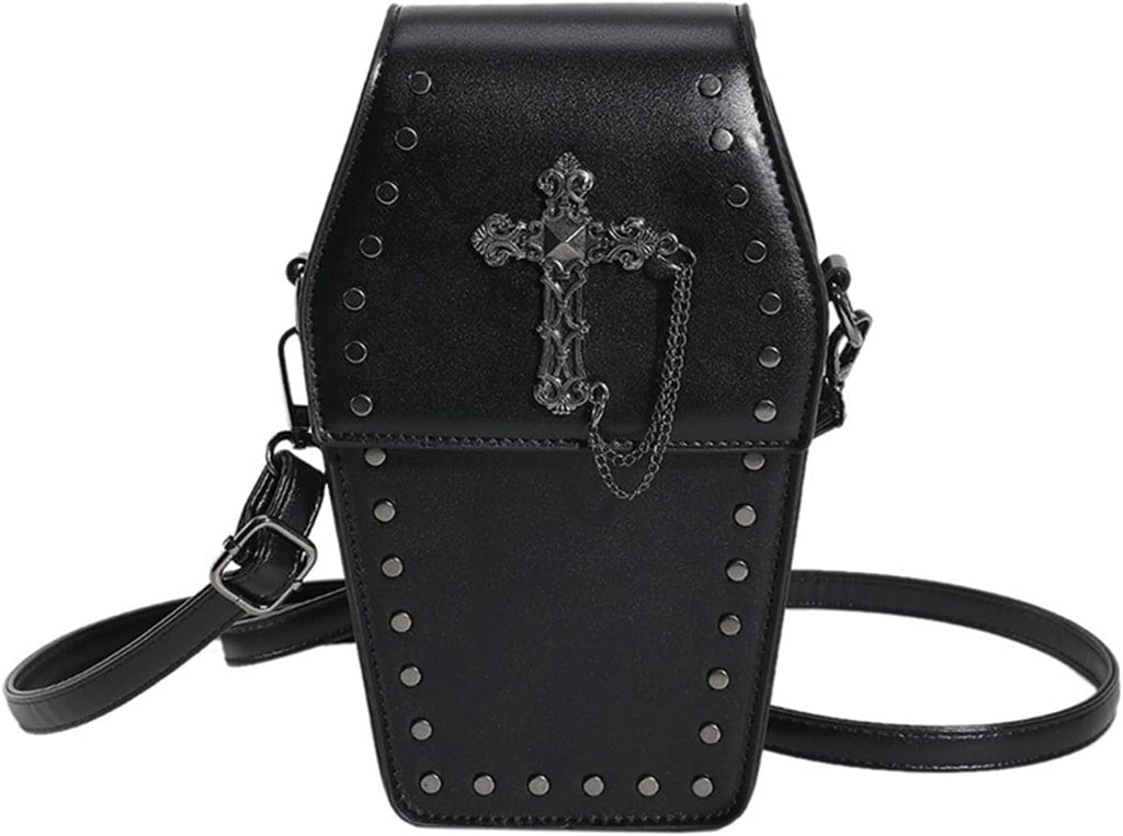 Coffin Crossbody Purse - Black, Cross Print