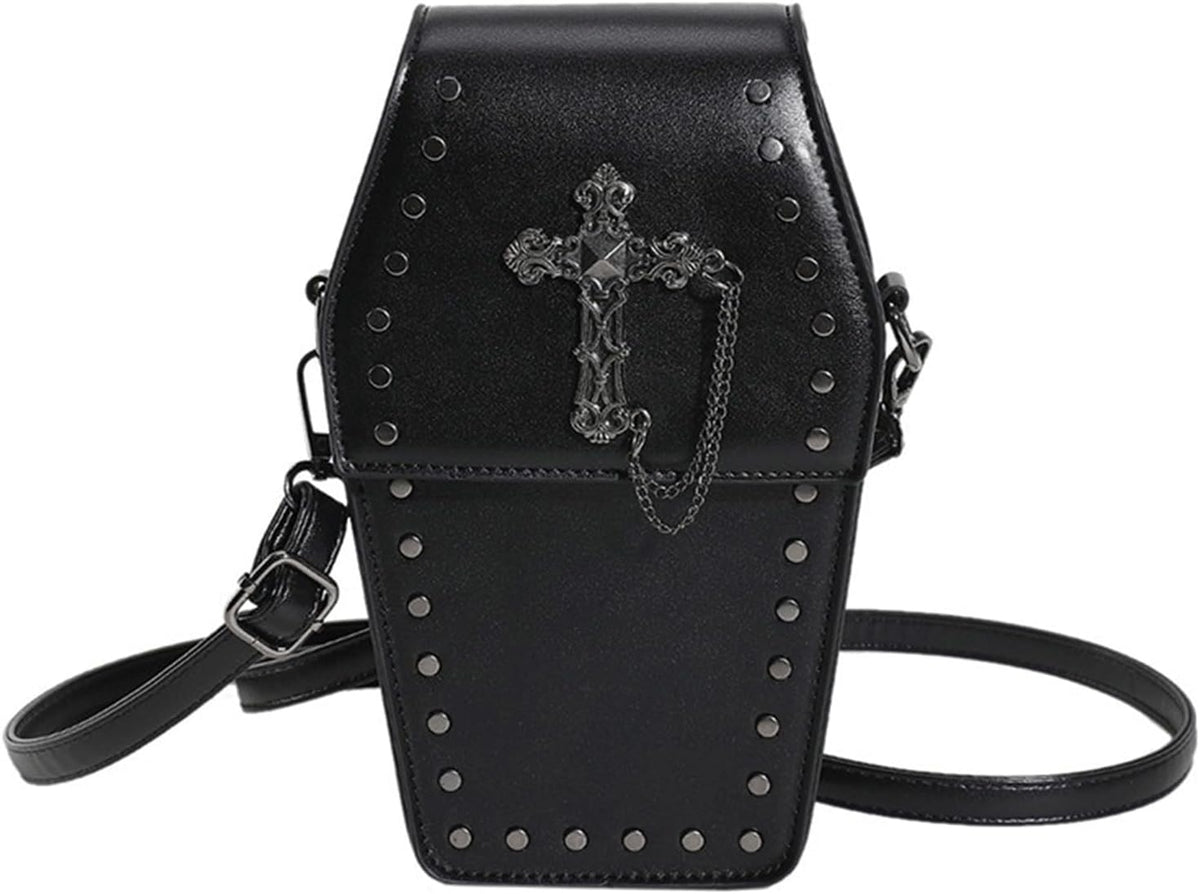 Coffin Crossbody Purse - Black, Cross Print