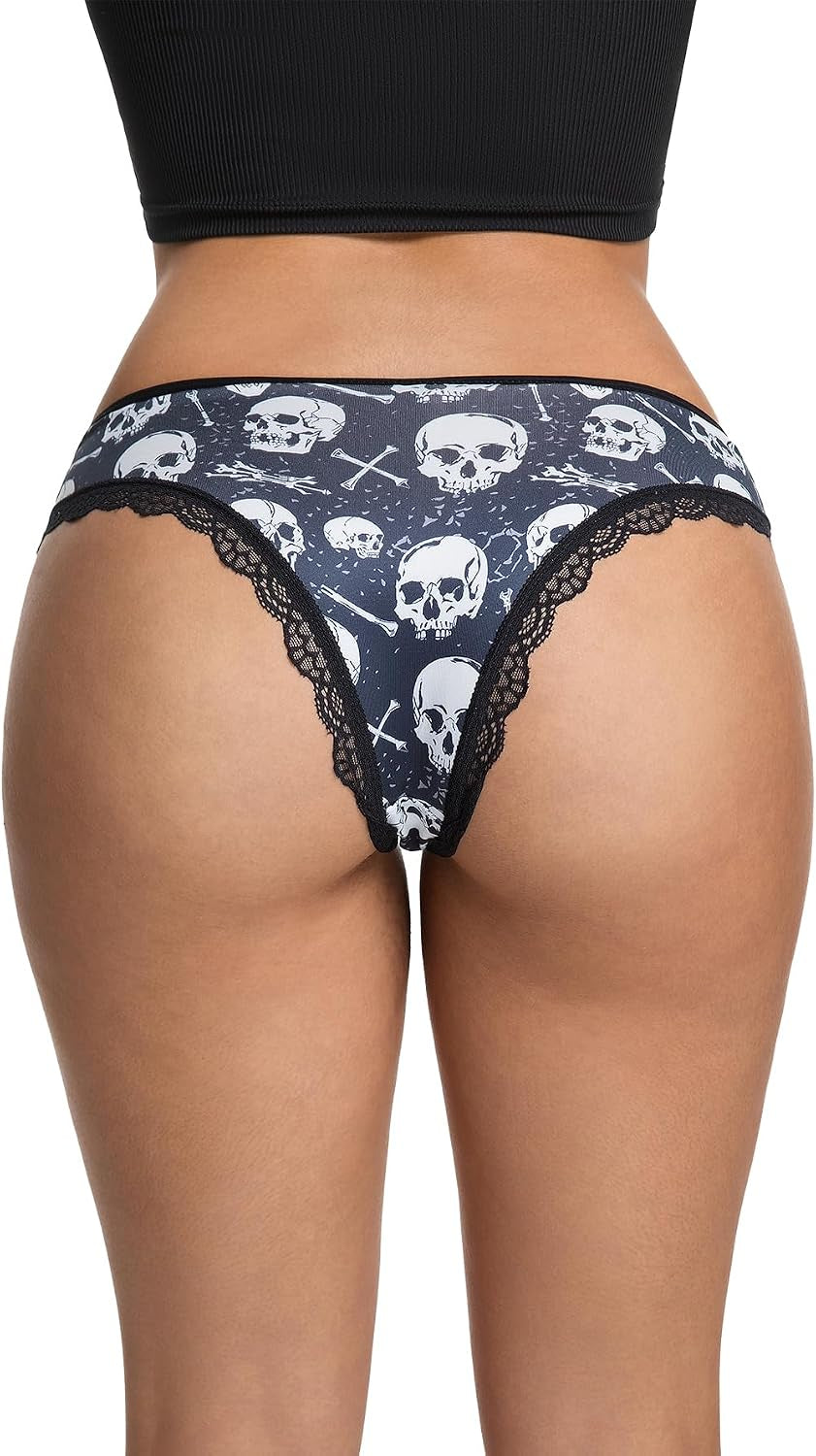 OUKAILYN 6-Pack Gothic Thong Panties, Sexy Skull and Rose Print Lace Trim G-String, Mid-Rise Emo Alt Aesthetic Underwear