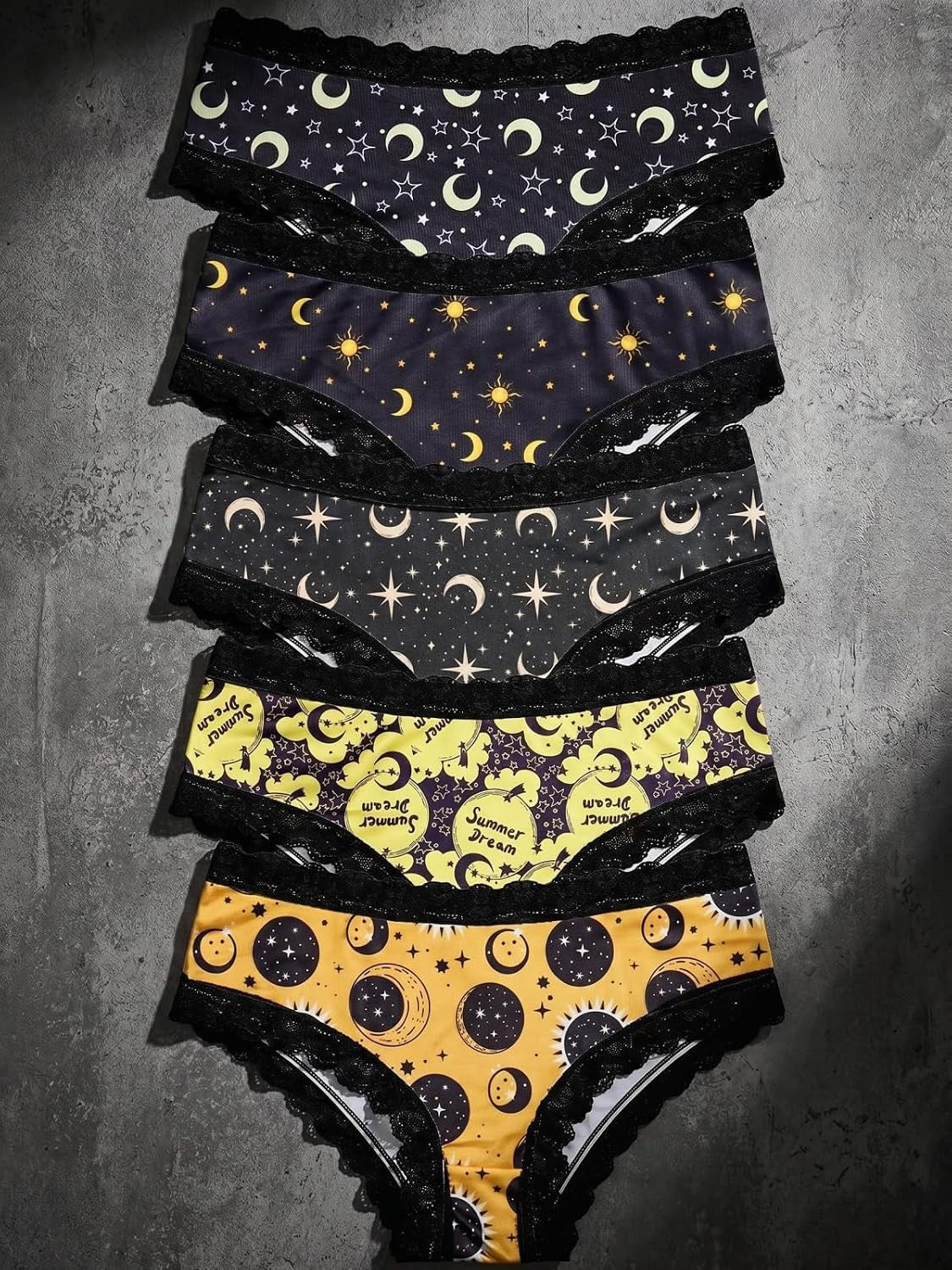 Halloween Briefs for Women, 5 Pack Lace Trim Hipster Underwear, Spooky Prints, Soft Breathable, S-XXL