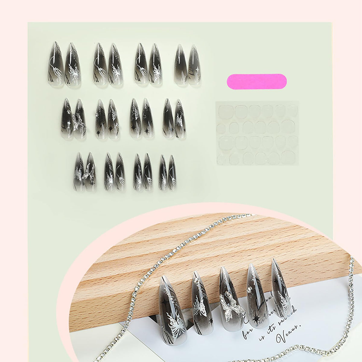 Black Almond Press-On Nails with 3D Butterfly Charms