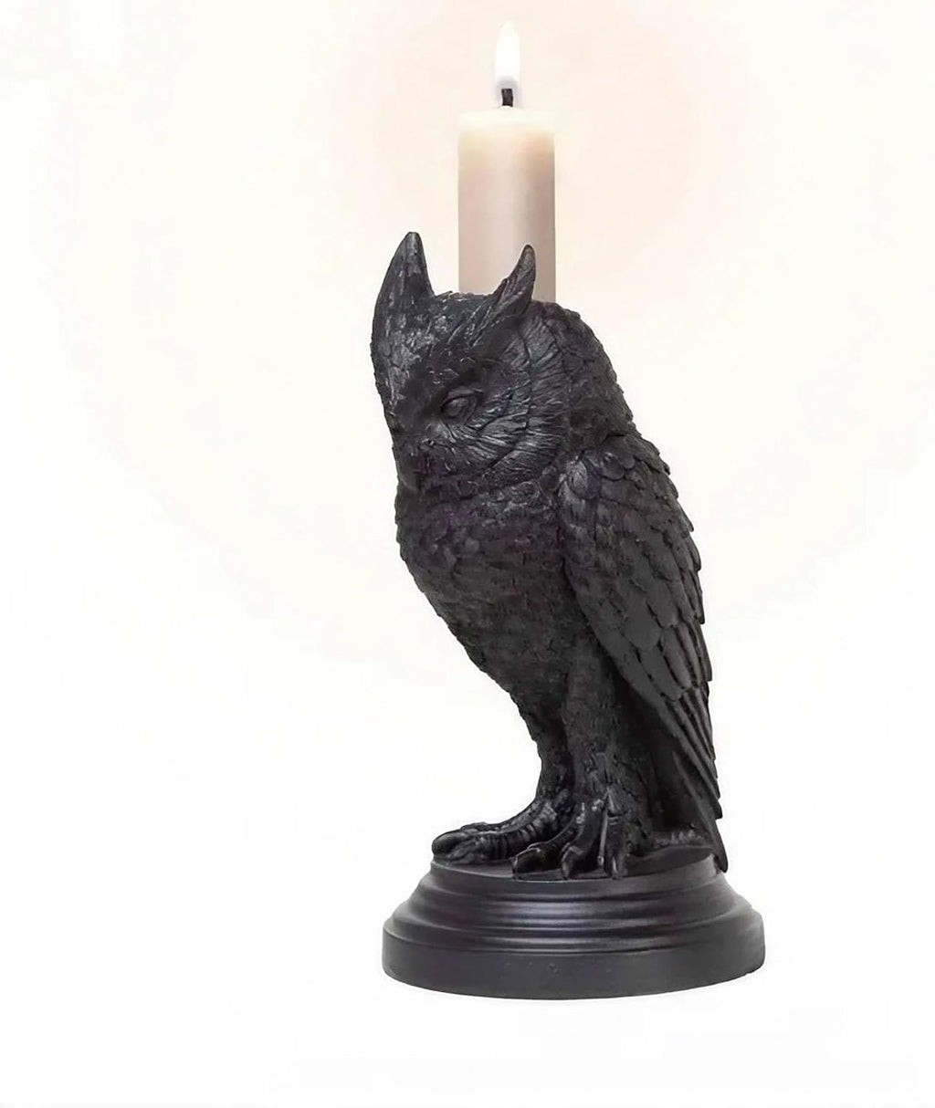 Gothic Black Owl Candle Holder - Resin Statue