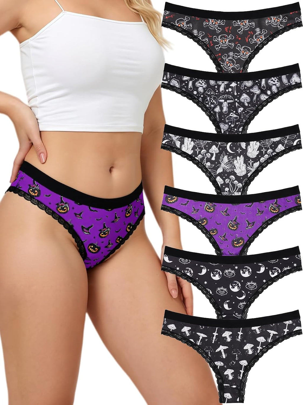 6 Pack Women'S Halloween Gothic Punk Skull Print Thongs, Low Rise Lace Trim Soft Y2K Panties Underwear